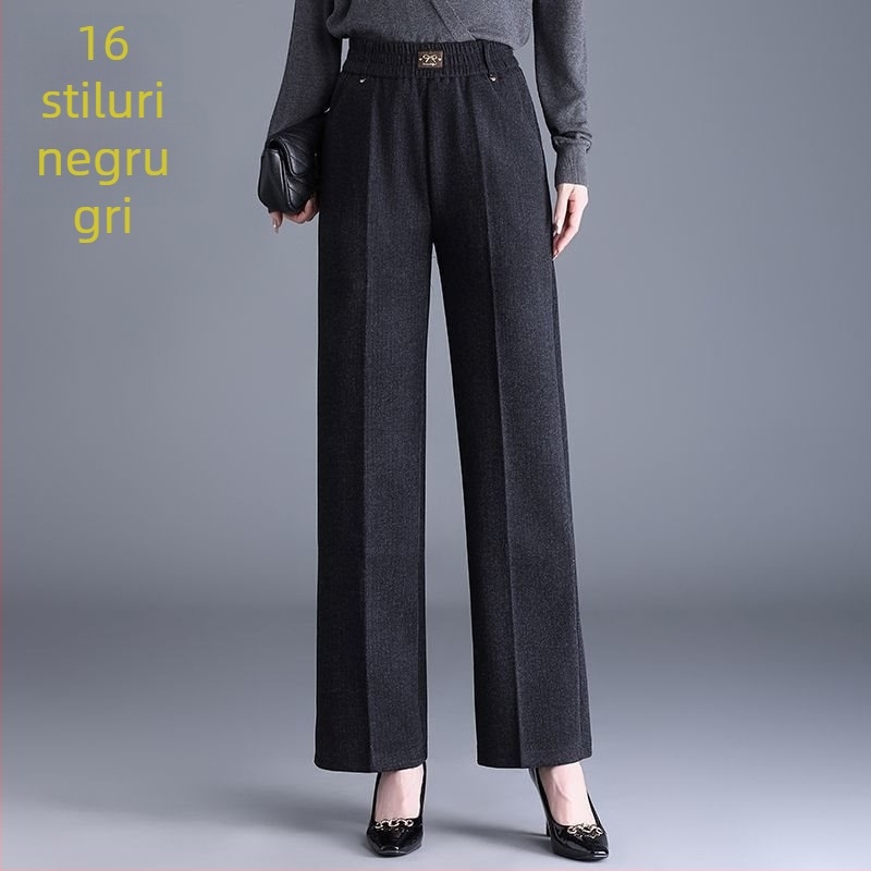 Pantaloni de damă drepți pentru toamnă-iarnă, talie înaltă, cu buzunare, țesătură țesută cu 70–80% lână, finisaj mercerizat.