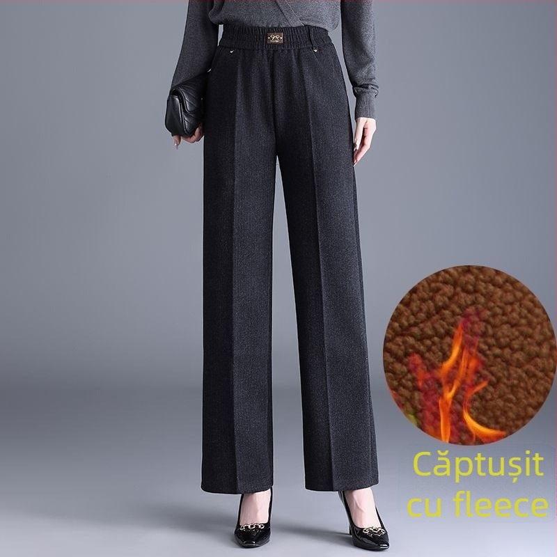 Pantaloni de damă drepți pentru toamnă-iarnă, talie înaltă, cu buzunare, țesătură țesută cu 70–80% lână, finisaj mercerizat.