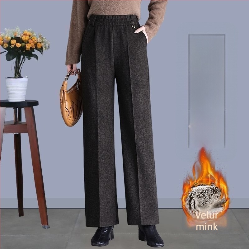 Pantaloni de damă drepți pentru toamnă-iarnă, talie înaltă, cu buzunare, țesătură țesută cu 70–80% lână, finisaj mercerizat.