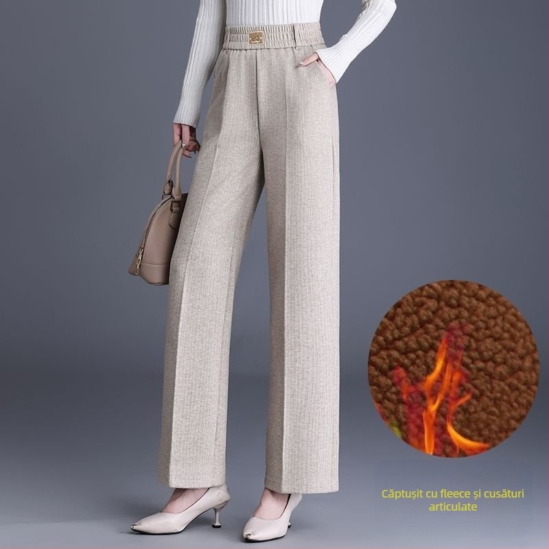 Pantaloni de damă drepți pentru toamnă-iarnă, talie înaltă, cu buzunare, țesătură țesută cu 70–80% lână, finisaj mercerizat.
