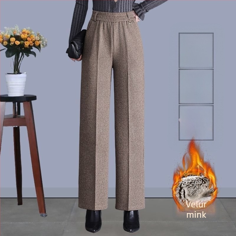 Pantaloni de damă drepți pentru toamnă-iarnă, talie înaltă, cu buzunare, țesătură țesută cu 70–80% lână, finisaj mercerizat.