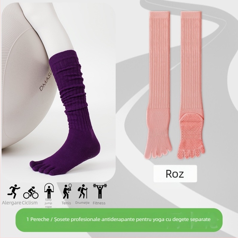 Șosete de yoga cu cinci degete, lungi până la gambe, din bumbac, antiaderente, fără cusătură la degete