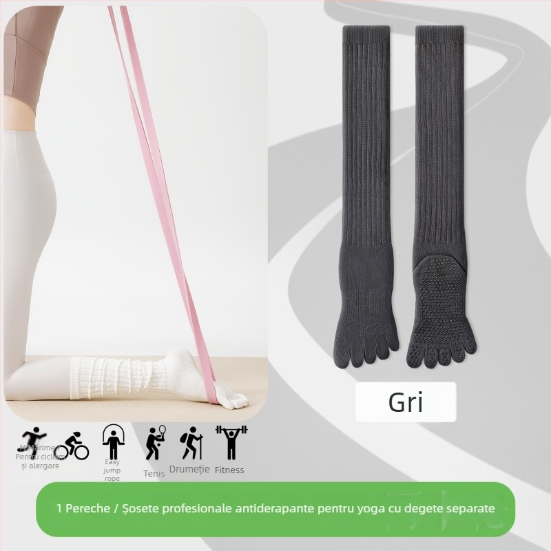 Șosete de yoga cu cinci degete, lungi până la gambe, din bumbac, antiaderente, fără cusătură la degete