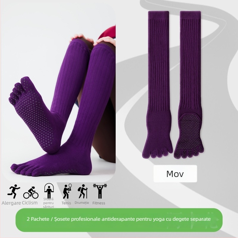 Șosete de yoga cu cinci degete, lungi până la gambe, din bumbac, antiaderente, fără cusătură la degete