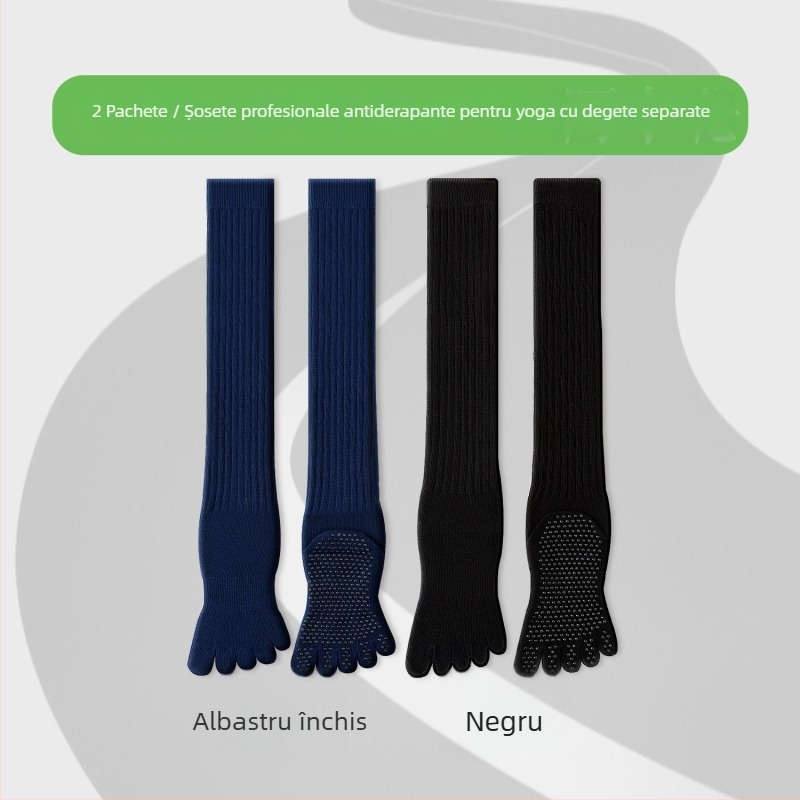 Șosete de yoga cu cinci degete, lungi până la gambe, din bumbac, antiaderente, fără cusătură la degete
