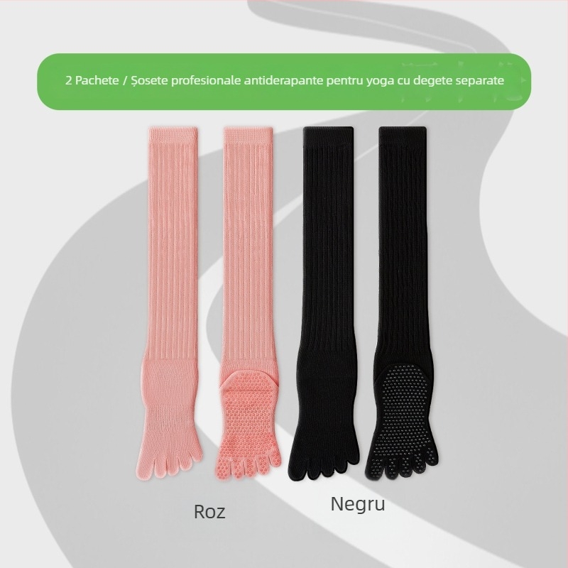 Șosete de yoga cu cinci degete, lungi până la gambe, din bumbac, antiaderente, fără cusătură la degete