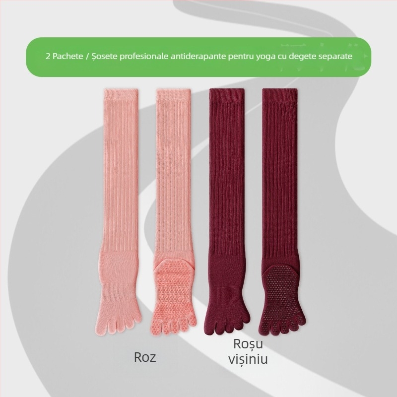 Șosete de yoga cu cinci degete, lungi până la gambe, din bumbac, antiaderente, fără cusătură la degete