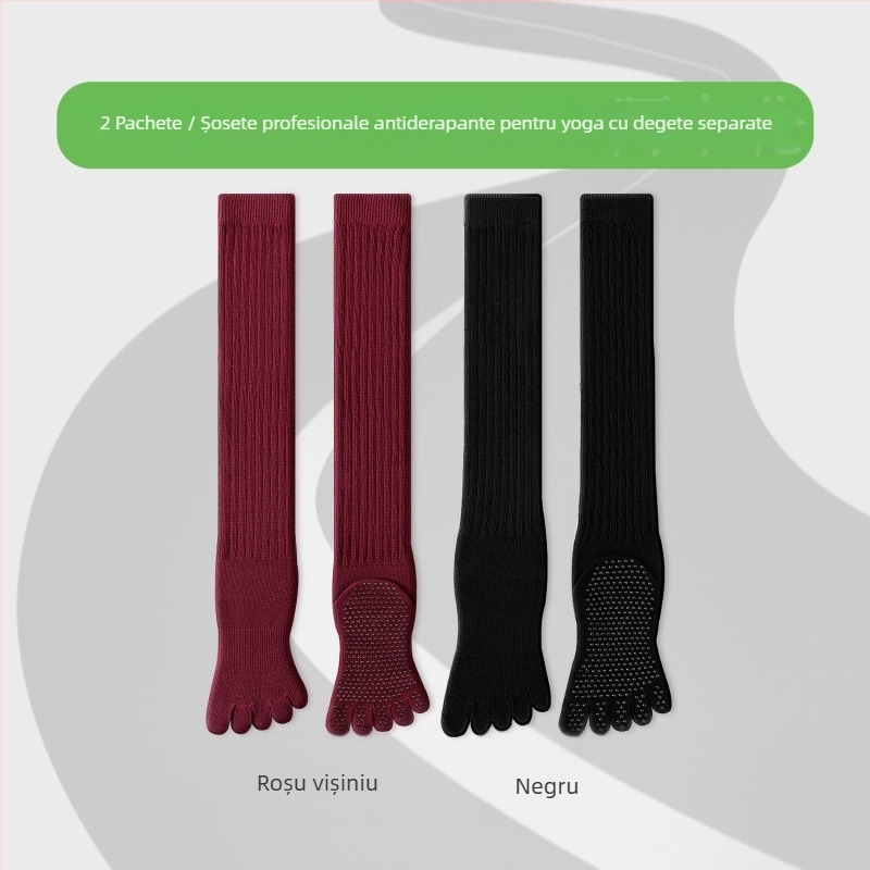 Șosete de yoga cu cinci degete, lungi până la gambe, din bumbac, antiaderente, fără cusătură la degete