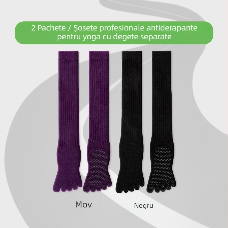 Șosete de yoga cu cinci degete, lungi până la gambe, din bumbac, antiaderente, fără cusătură la degete