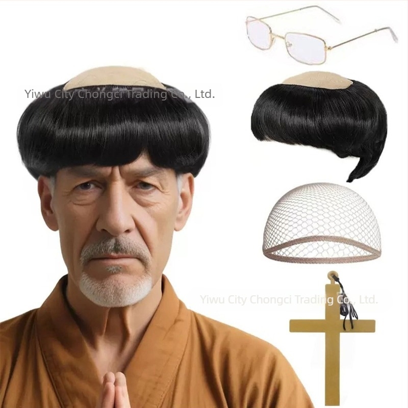 Perucă de călugăr pentru cosplay, aspect bald, păr scurt, fibre de mătase, poate fi vopsită și permed