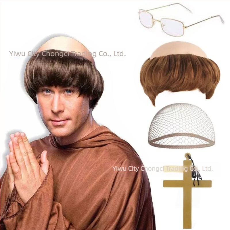 Perucă de călugăr pentru cosplay, aspect bald, păr scurt, fibre de mătase, poate fi vopsită și permed