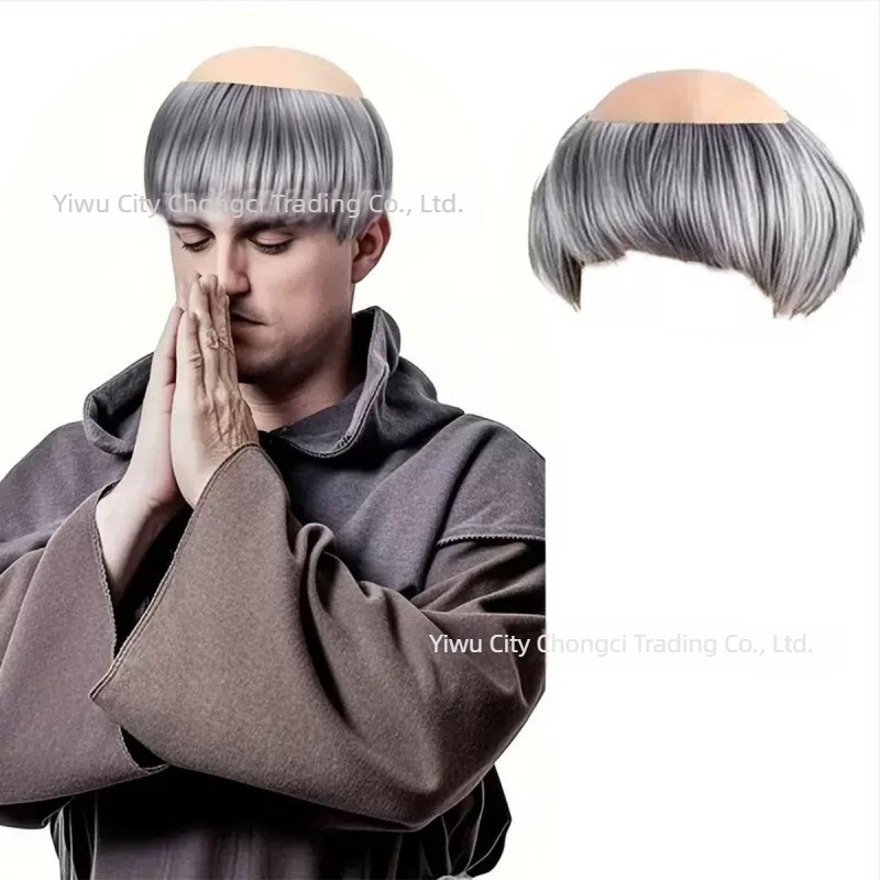 Perucă de călugăr pentru cosplay, aspect bald, păr scurt, fibre de mătase, poate fi vopsită și permed