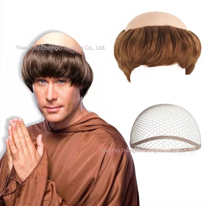Perucă de călugăr pentru cosplay, aspect bald, păr scurt, fibre de mătase, poate fi vopsită și permed