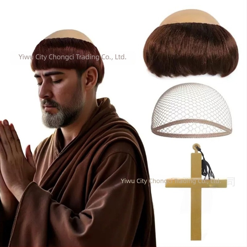 Perucă de călugăr pentru cosplay, aspect bald, păr scurt, fibre de mătase, poate fi vopsită și permed