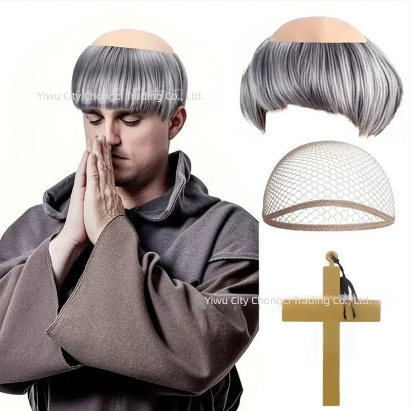 Perucă de călugăr pentru cosplay, aspect bald, păr scurt, fibre de mătase, poate fi vopsită și permed
