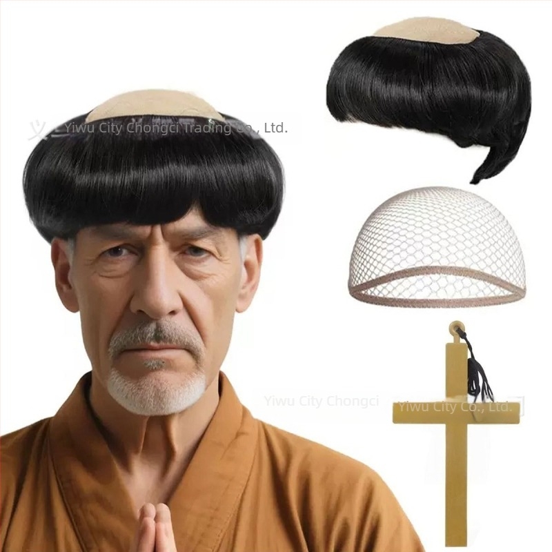 Perucă de călugăr pentru cosplay, aspect bald, păr scurt, fibre de mătase, poate fi vopsită și permed