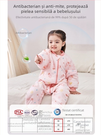 Sac de dormit pentru bebeluți și copii, fără mâneci, umplutură din poliester și fibre de soia, exterior și căptușeală din bumbac, antibacterian, fermoar metalic, potrivit pentru toamnă-iarna