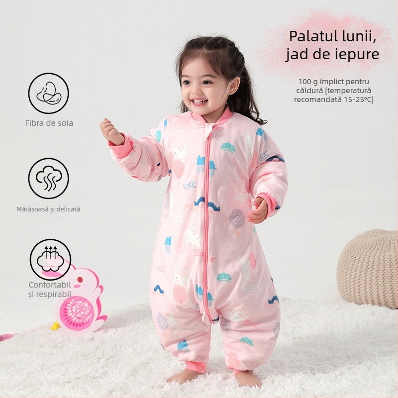 Sac de dormit pentru bebeluți și copii, fără mâneci, umplutură din poliester și fibre de soia, exterior și căptușeală din bumbac, antibacterian, fermoar metalic, potrivit pentru toamnă-iarna