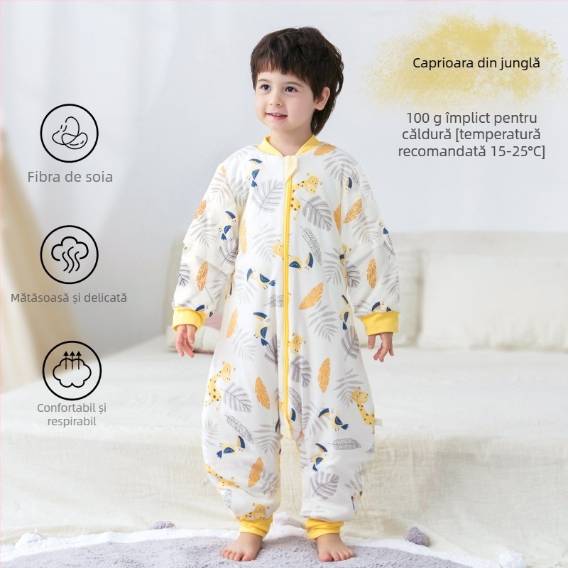 Sac de dormit pentru bebeluți și copii, fără mâneci, umplutură din poliester și fibre de soia, exterior și căptușeală din bumbac, antibacterian, fermoar metalic, potrivit pentru toamnă-iarna