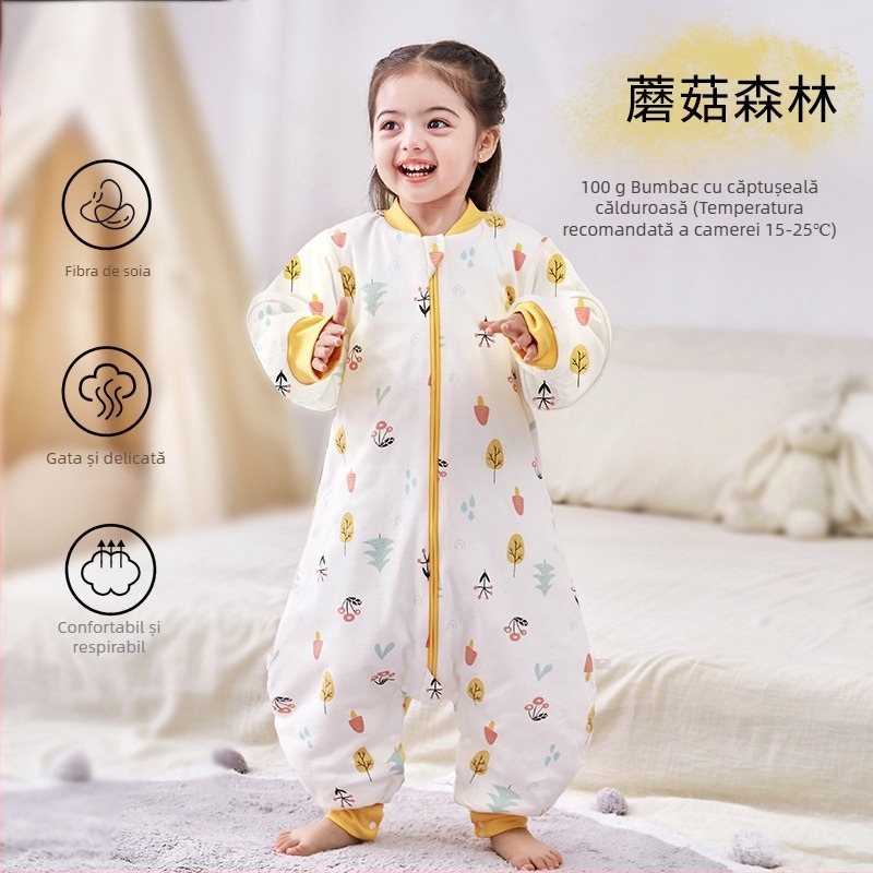 Sac de dormit pentru bebeluți și copii, fără mâneci, umplutură din poliester și fibre de soia, exterior și căptușeală din bumbac, antibacterian, fermoar metalic, potrivit pentru toamnă-iarna