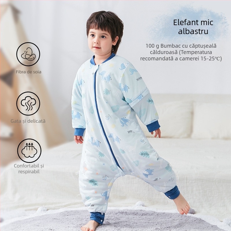 Sac de dormit pentru bebeluți și copii, fără mâneci, umplutură din poliester și fibre de soia, exterior și căptușeală din bumbac, antibacterian, fermoar metalic, potrivit pentru toamnă-iarna