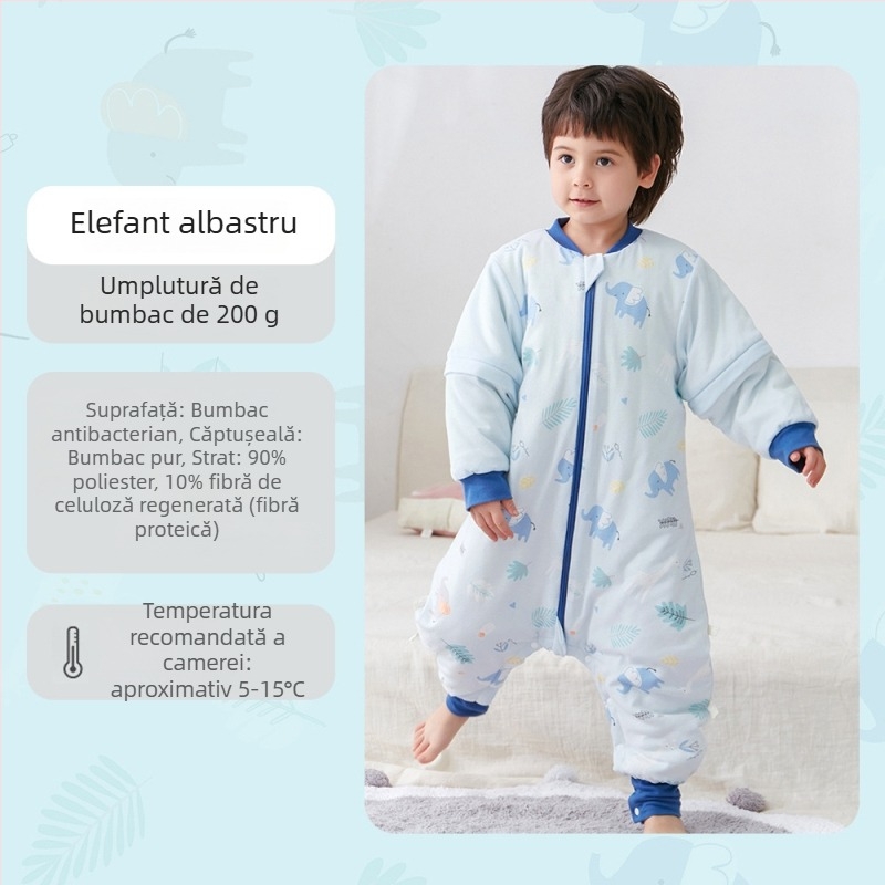 Sac de dormit pentru bebeluți și copii, fără mâneci, umplutură din poliester și fibre de soia, exterior și căptușeală din bumbac, antibacterian, fermoar metalic, potrivit pentru toamnă-iarna
