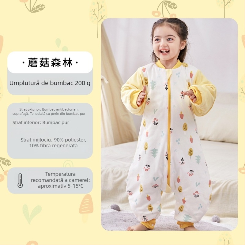 Sac de dormit pentru bebeluți și copii, fără mâneci, umplutură din poliester și fibre de soia, exterior și căptușeală din bumbac, antibacterian, fermoar metalic, potrivit pentru toamnă-iarna