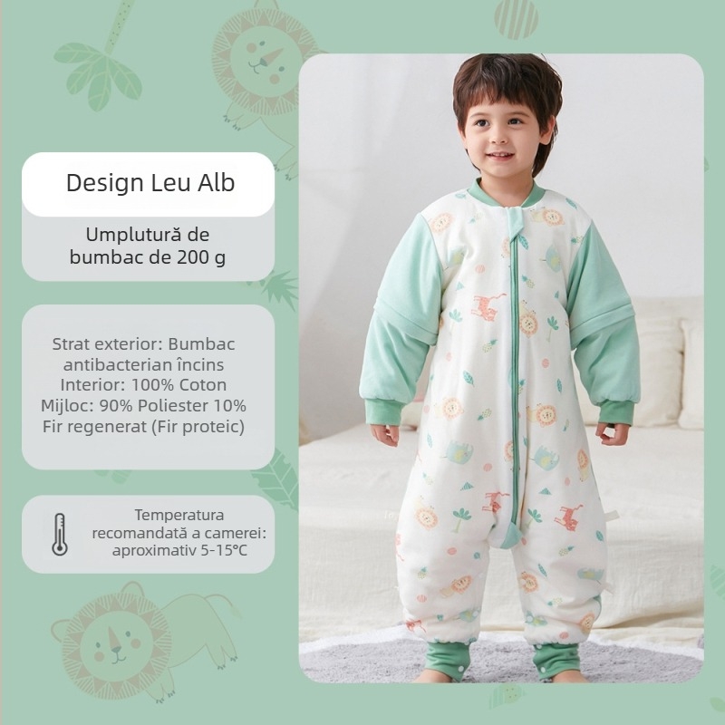 Sac de dormit pentru bebeluți și copii, fără mâneci, umplutură din poliester și fibre de soia, exterior și căptușeală din bumbac, antibacterian, fermoar metalic, potrivit pentru toamnă-iarna