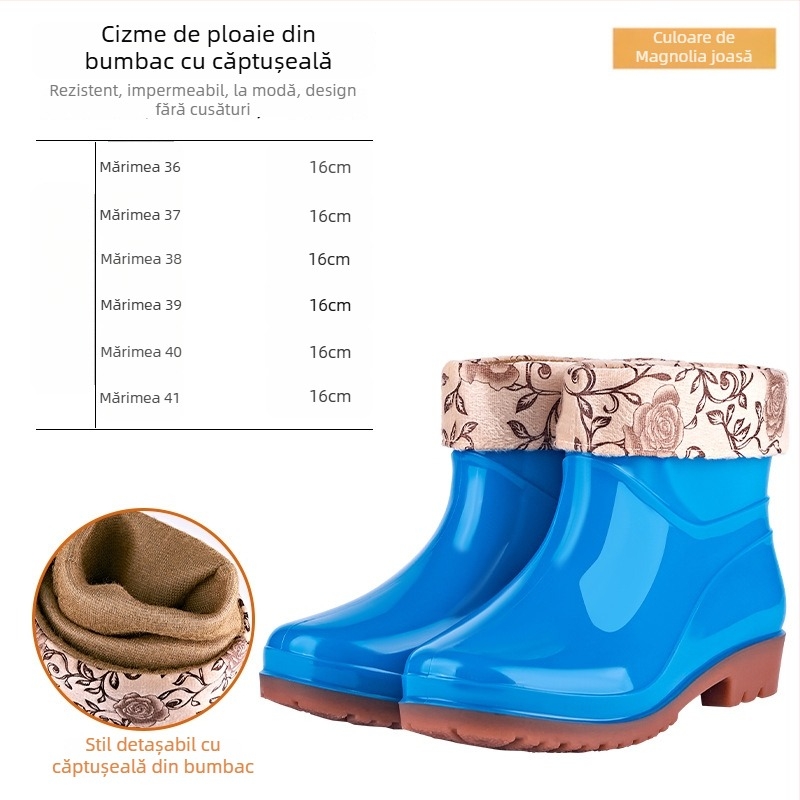 Cizme de ploaie pentru femei din PVC – talie joasă, toc mic 1–3 cm, pentru toate anotimpurile, stil zilnic.
