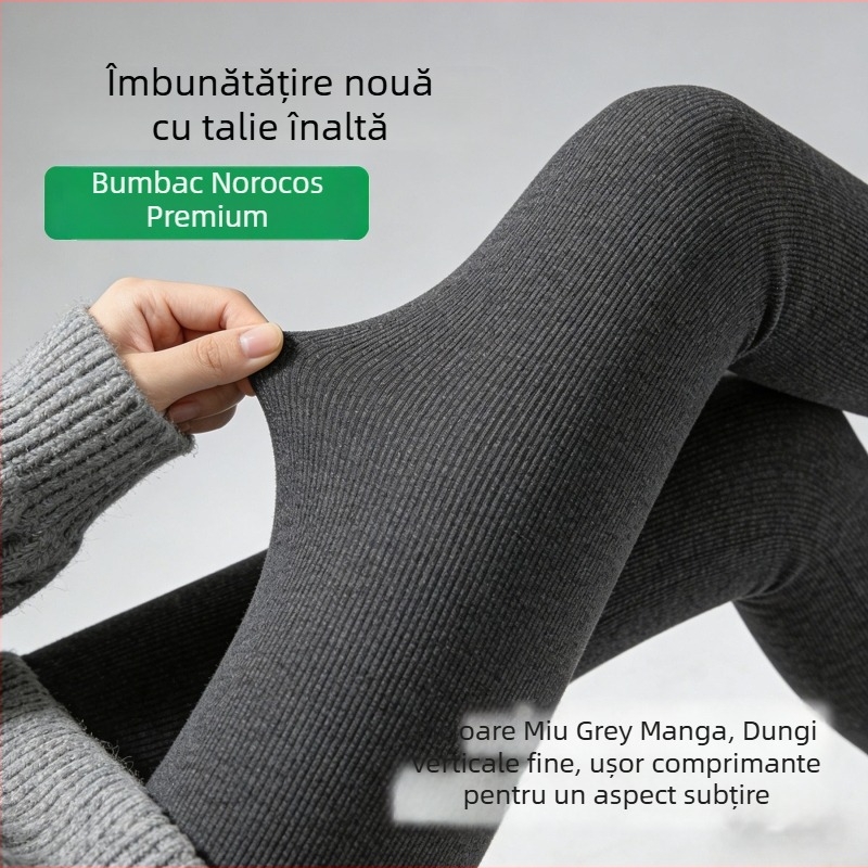 Colanți femei cu căptușeală din fleece, groși, cu dungi verticale, înaltă elasticitate, lungime trei sferturi, piesă unică