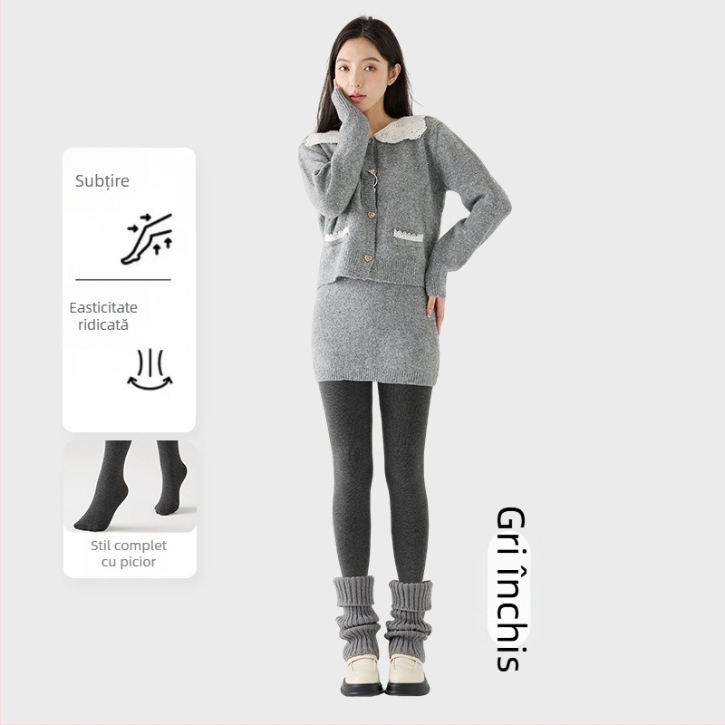 Colanți femei cu căptușeală din fleece, groși, cu dungi verticale, înaltă elasticitate, lungime trei sferturi, piesă unică