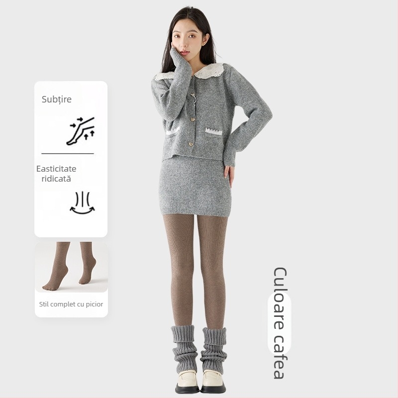 Colanți femei cu căptușeală din fleece, groși, cu dungi verticale, înaltă elasticitate, lungime trei sferturi, piesă unică