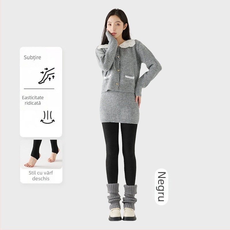 Colanți femei cu căptușeală din fleece, groși, cu dungi verticale, înaltă elasticitate, lungime trei sferturi, piesă unică