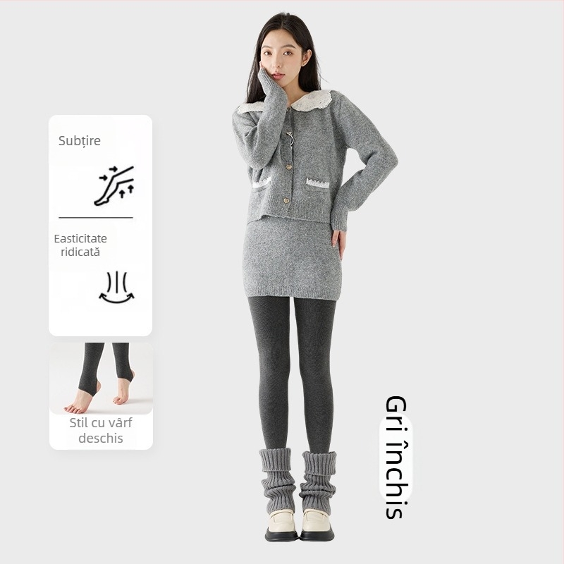 Colanți femei cu căptușeală din fleece, groși, cu dungi verticale, înaltă elasticitate, lungime trei sferturi, piesă unică