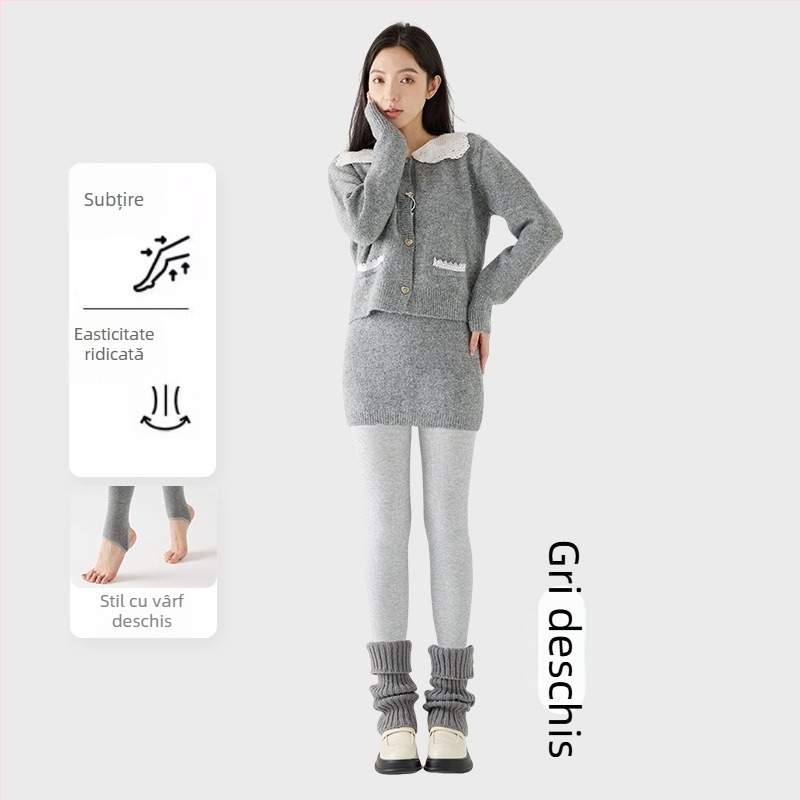 Colanți femei cu căptușeală din fleece, groși, cu dungi verticale, înaltă elasticitate, lungime trei sferturi, piesă unică