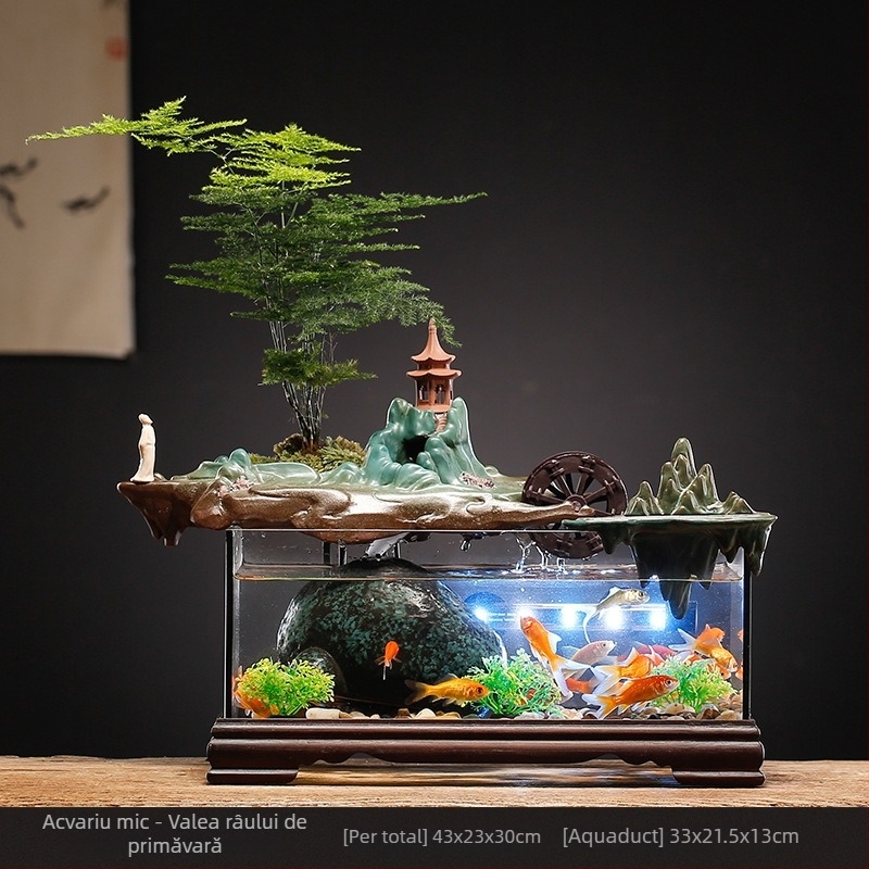 Acvariu ceramic de masă pentru peștișorul de aur cu fântână cu circulație proprie, realizat manual, stil Nou Chinezesc, decor de birou, cadou