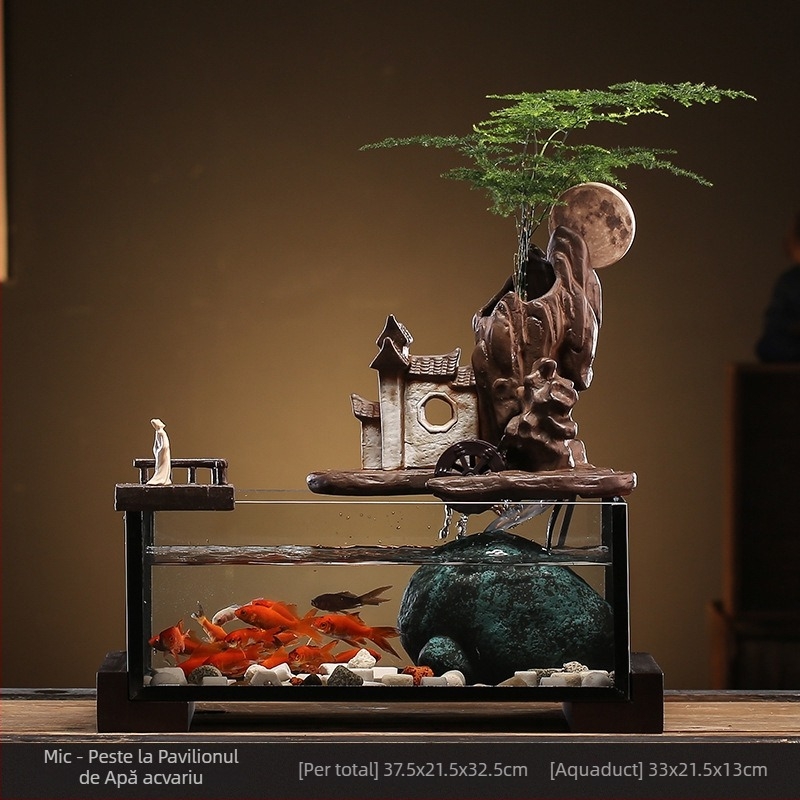 Acvariu ceramic de masă pentru peștișorul de aur cu fântână cu circulație proprie, realizat manual, stil Nou Chinezesc, decor de birou, cadou