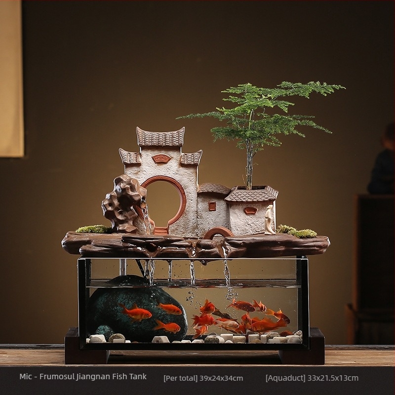 Acvariu ceramic de masă pentru peștișorul de aur cu fântână cu circulație proprie, realizat manual, stil Nou Chinezesc, decor de birou, cadou