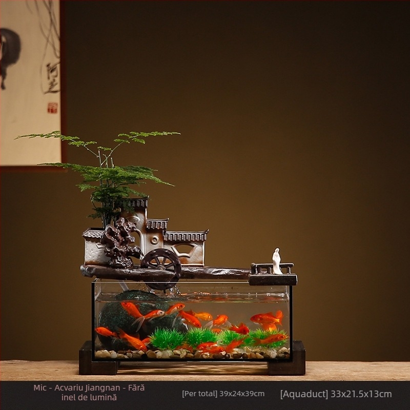 Acvariu ceramic de masă pentru peștișorul de aur cu fântână cu circulație proprie, realizat manual, stil Nou Chinezesc, decor de birou, cadou