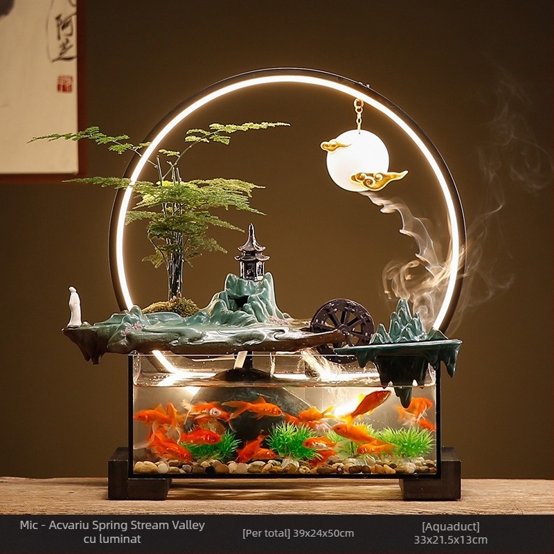 Acvariu ceramic de masă pentru peștișorul de aur cu fântână cu circulație proprie, realizat manual, stil Nou Chinezesc, decor de birou, cadou