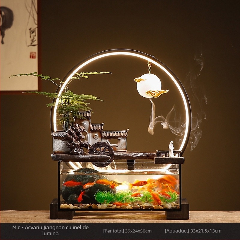 Acvariu ceramic de masă pentru peștișorul de aur cu fântână cu circulație proprie, realizat manual, stil Nou Chinezesc, decor de birou, cadou