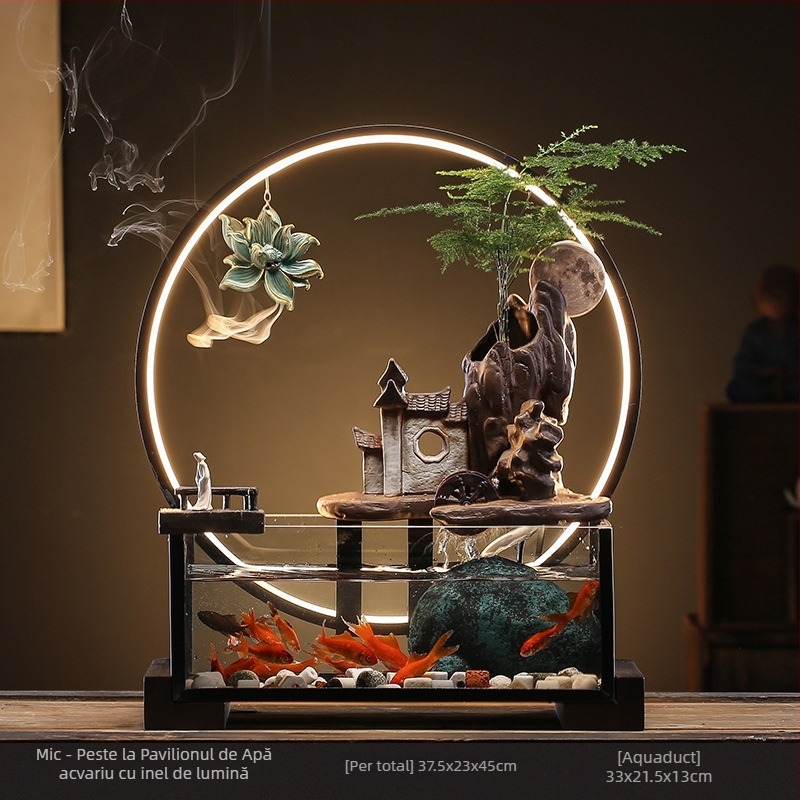 Acvariu ceramic de masă pentru peștișorul de aur cu fântână cu circulație proprie, realizat manual, stil Nou Chinezesc, decor de birou, cadou