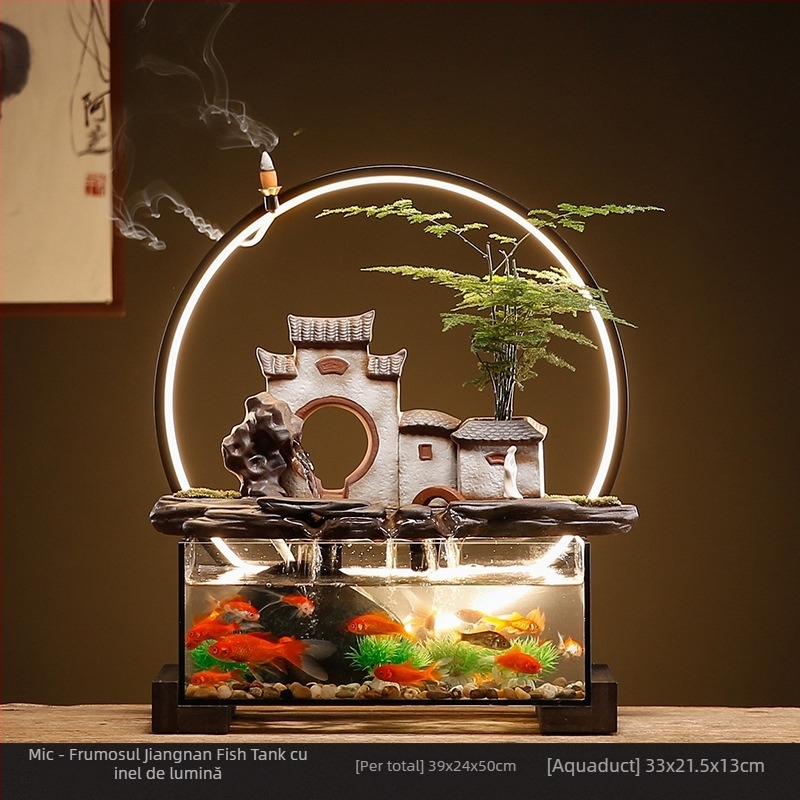 Acvariu ceramic de masă pentru peștișorul de aur cu fântână cu circulație proprie, realizat manual, stil Nou Chinezesc, decor de birou, cadou