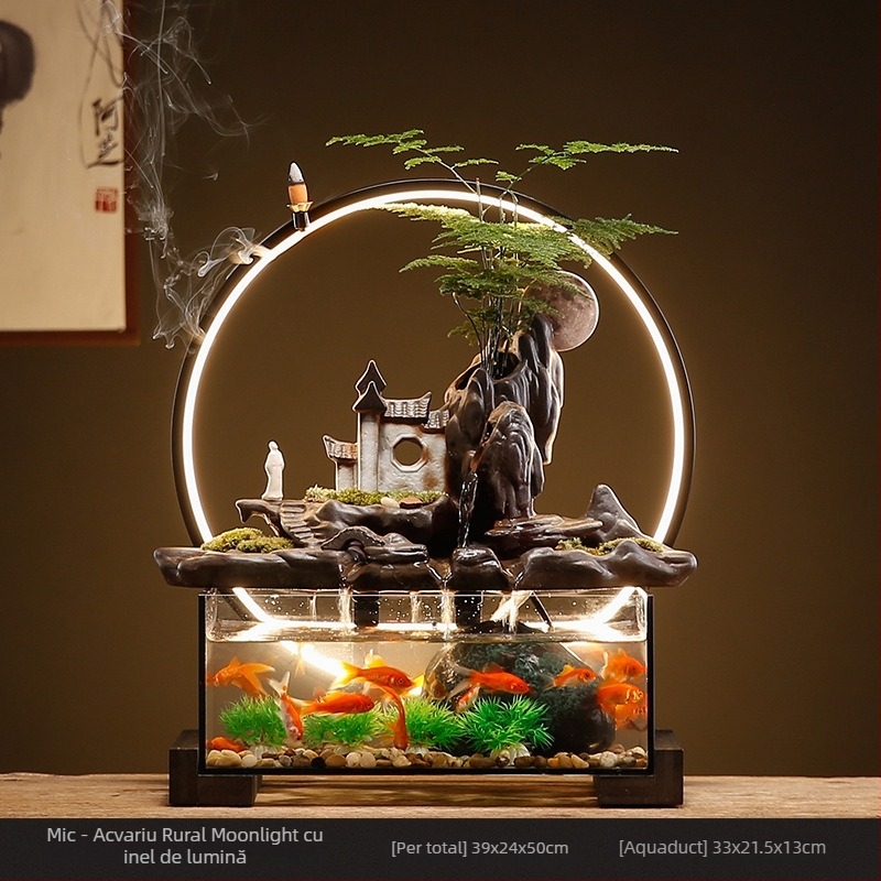 Acvariu ceramic de masă pentru peștișorul de aur cu fântână cu circulație proprie, realizat manual, stil Nou Chinezesc, decor de birou, cadou