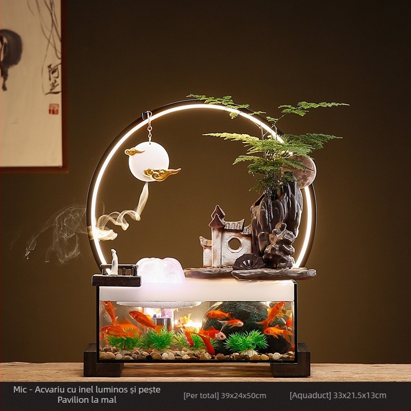Acvariu ceramic de masă pentru peștișorul de aur cu fântână cu circulație proprie, realizat manual, stil Nou Chinezesc, decor de birou, cadou