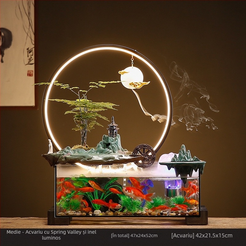 Acvariu ceramic de masă pentru peștișorul de aur cu fântână cu circulație proprie, realizat manual, stil Nou Chinezesc, decor de birou, cadou
