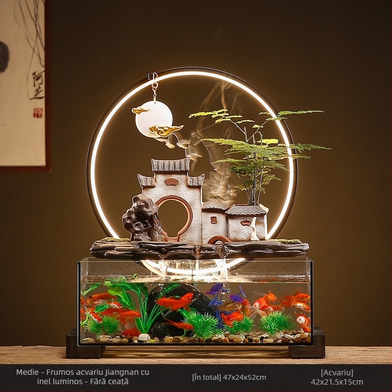 Acvariu ceramic de masă pentru peștișorul de aur cu fântână cu circulație proprie, realizat manual, stil Nou Chinezesc, decor de birou, cadou