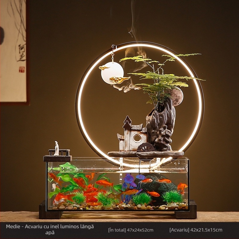 Acvariu ceramic de masă pentru peștișorul de aur cu fântână cu circulație proprie, realizat manual, stil Nou Chinezesc, decor de birou, cadou