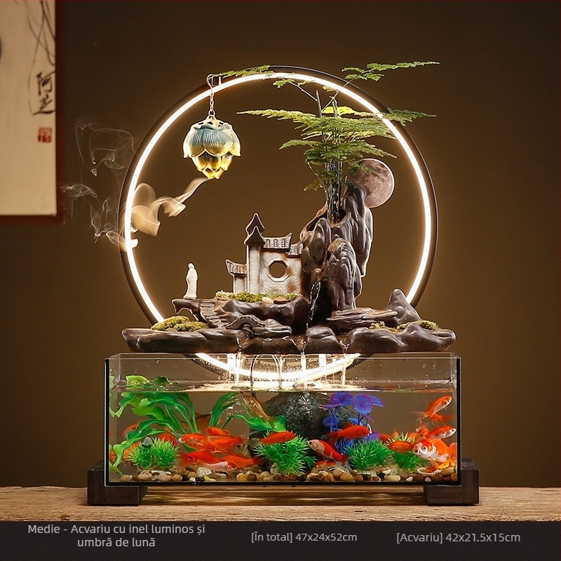 Acvariu ceramic de masă pentru peștișorul de aur cu fântână cu circulație proprie, realizat manual, stil Nou Chinezesc, decor de birou, cadou