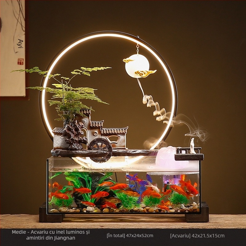 Acvariu ceramic de masă pentru peștișorul de aur cu fântână cu circulație proprie, realizat manual, stil Nou Chinezesc, decor de birou, cadou